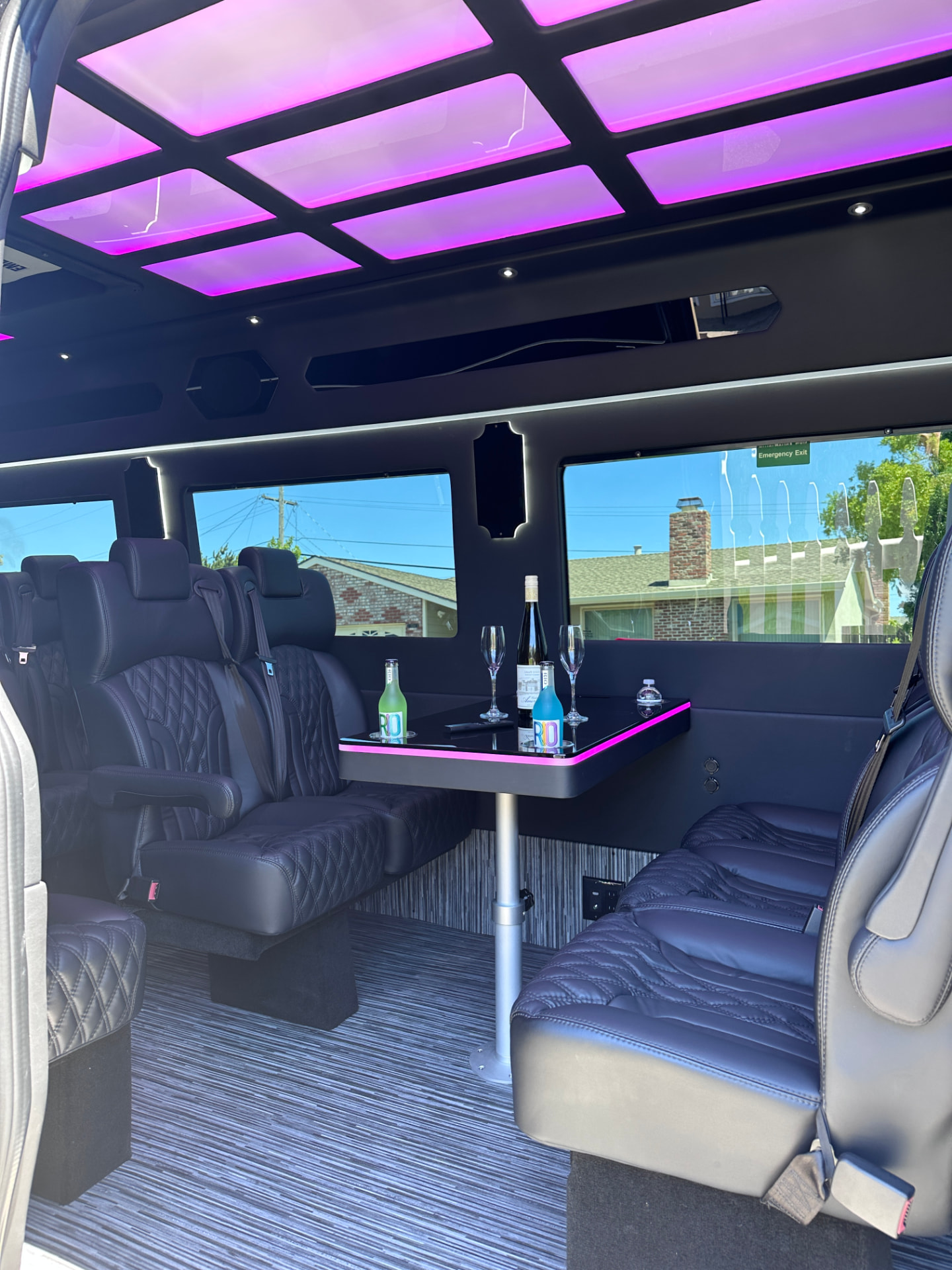 HTH Sprinter lounge with quilted seating, table and ambient lighting