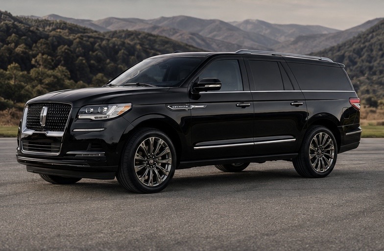 Black Lincoln Navigator L luxury SUV with a mountain backdrop