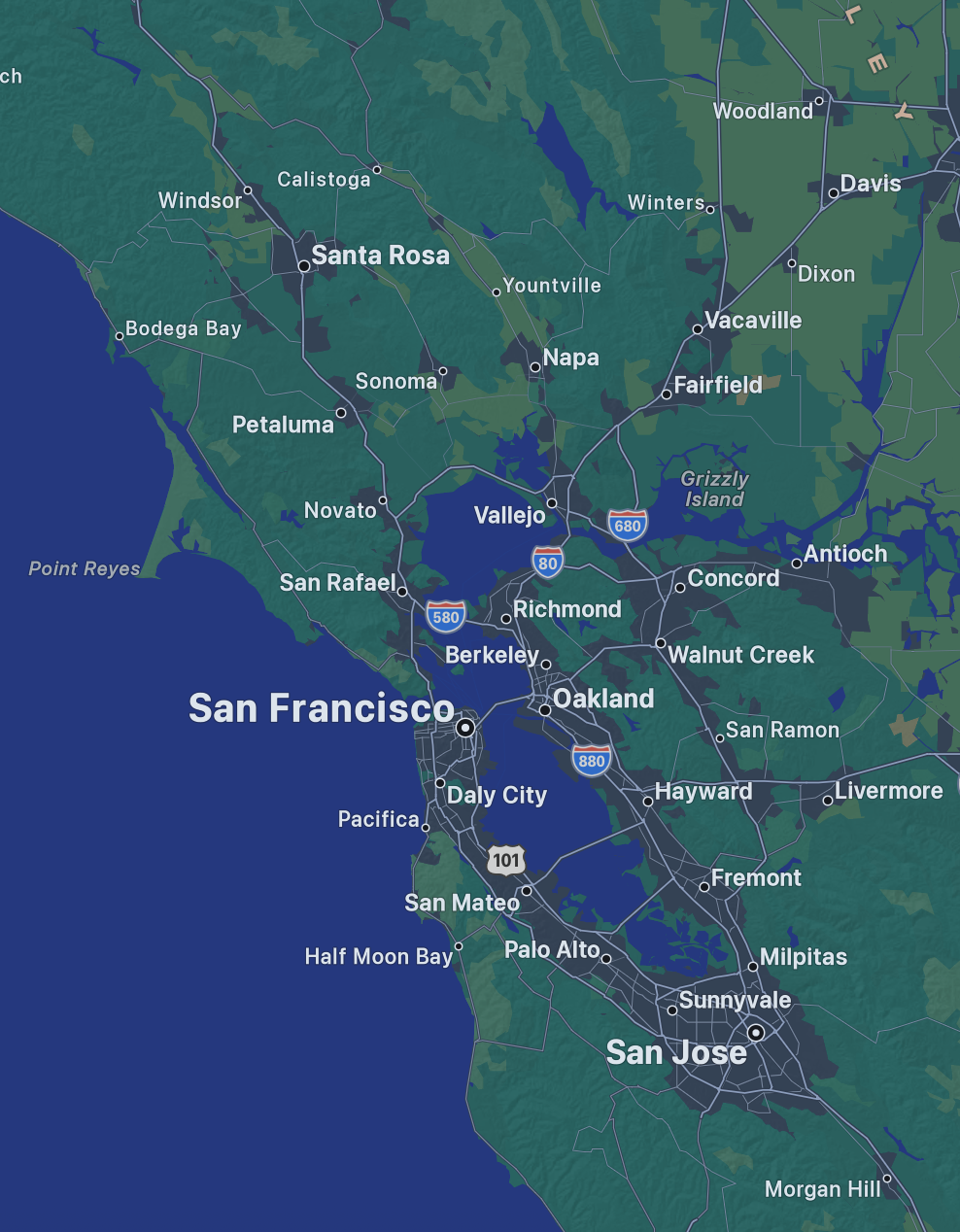 Map of HTH chauffeur service from Napa and Sonoma Wine Country through San Francisco to San Jose
