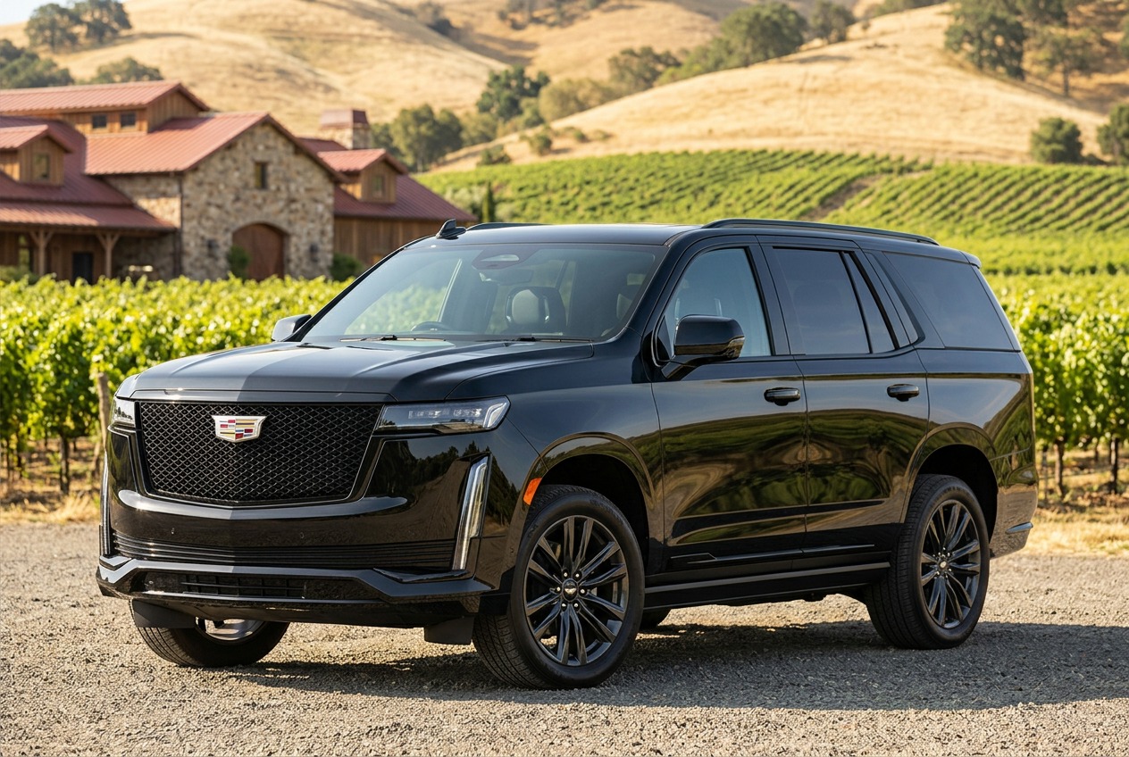 Black Cadillac Escalade luxury SUV in a Napa Valley vineyard