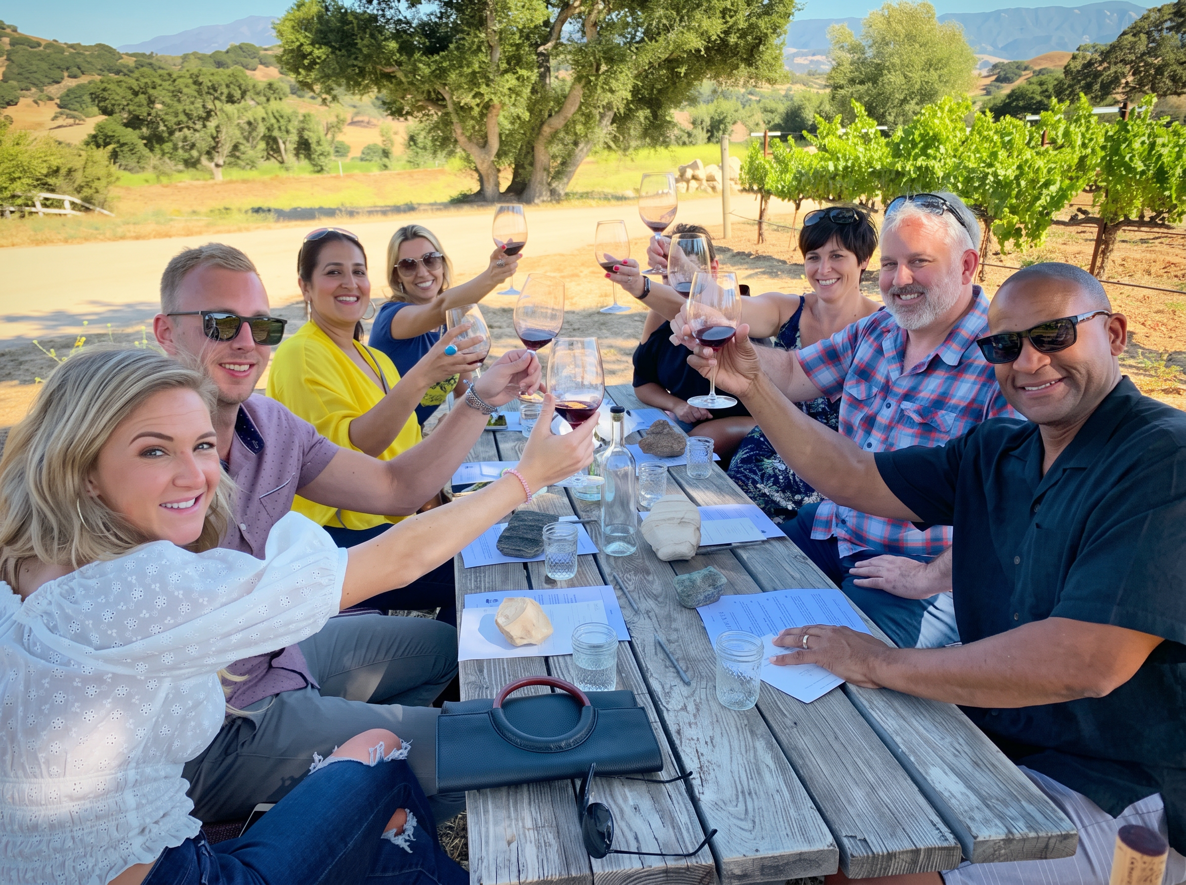 A private tasting party toasting at an outdoor picnic table among vineyards