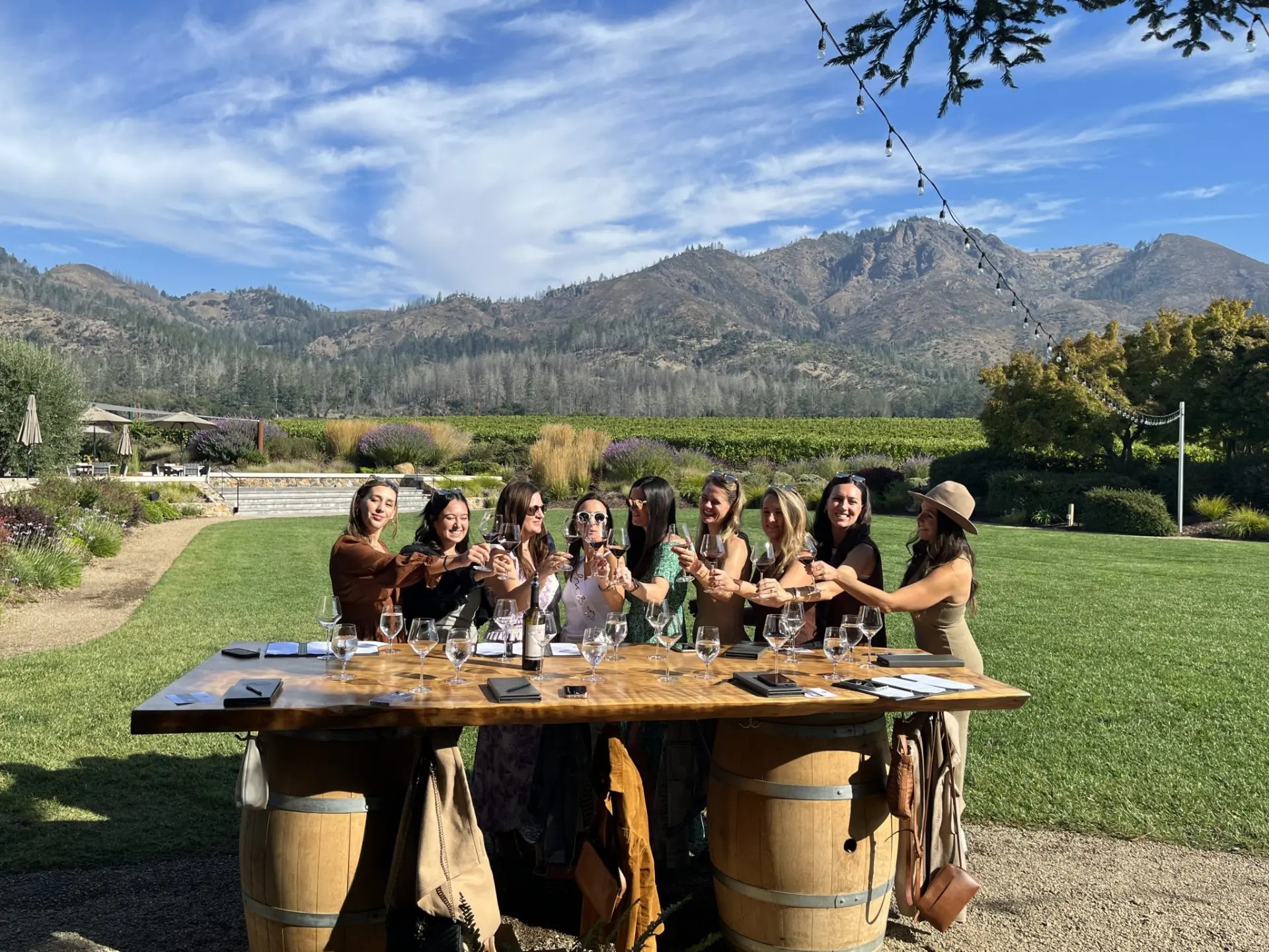 A private group tasting at a long wooden table framed by vineyards and mountains